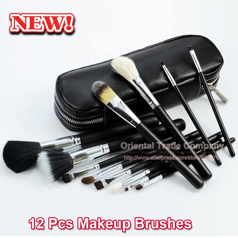 

TOP Quality! Professional 12 PCS Cosmetic Facial Make up Brush Kit Wool Makeup Brushes Tools Set with Black Leather Case
