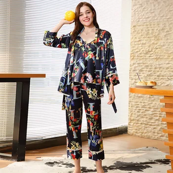 

Women Pajamas Autumn New Sexy Fashion Pajamas Lounge Female Sleep 3 Piece Set Tops + Trousers + Robe Pajama Faux Silk Sleepwea