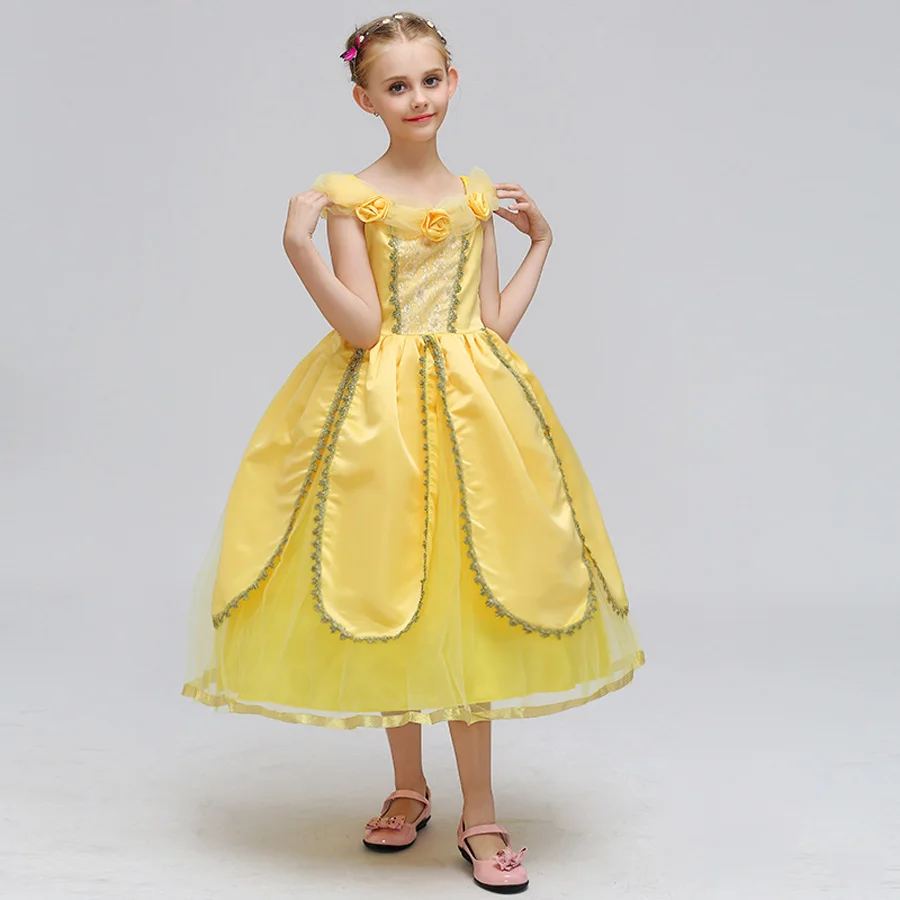 Cartoon Girls Belle Dress Kids Yellow Fancy Dress for Cosplay Costume Beauty Beast Ball Gown Kids Carnival Halloween Dresses (5)