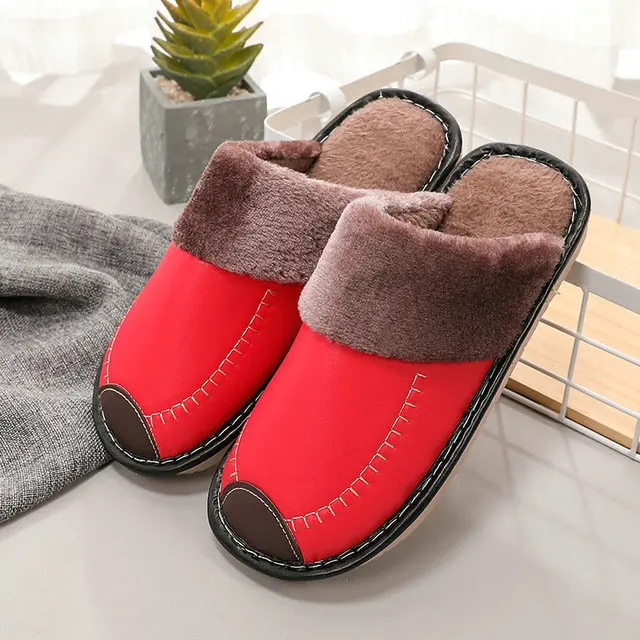 Men Winter Slippers Women Fashion Leather Warm Plush Home