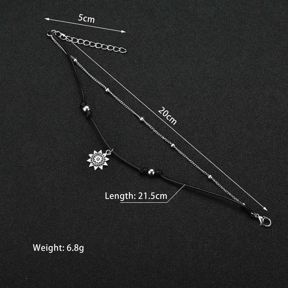 HuaTang Винтаж серебряная подвеска-Подсолнух Набор браслетов для ног для Для женщин регулируемый ожерелье черный ремень летние ножные браслеты Jewelry Tobillera 4299