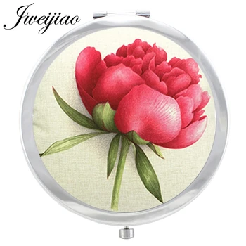 

JWEIJIAO Carnation Flower Makeup Mirror Glass Cabochon Art Picture Red Flower Floding Round compact Hand pocket Mirror espejo