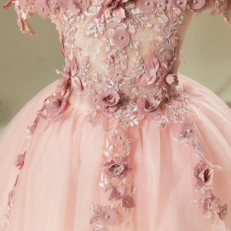 Высокое качество с открытыми плечами для девочек в цветочек праздничное платье принцессы для маленьких Обувь для девочек Glitz розовый аппликации Платье для первого причастия
