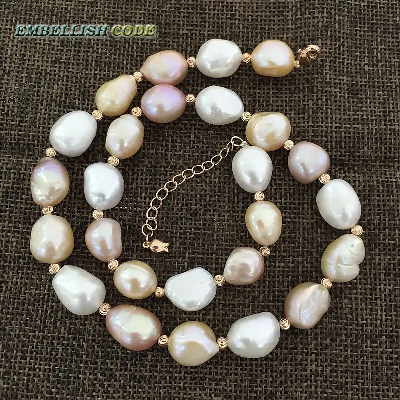 

special semi baroque irregular pearl Rose Golden beads necklace Mixed color white pink purple stely freshwater pearls for women