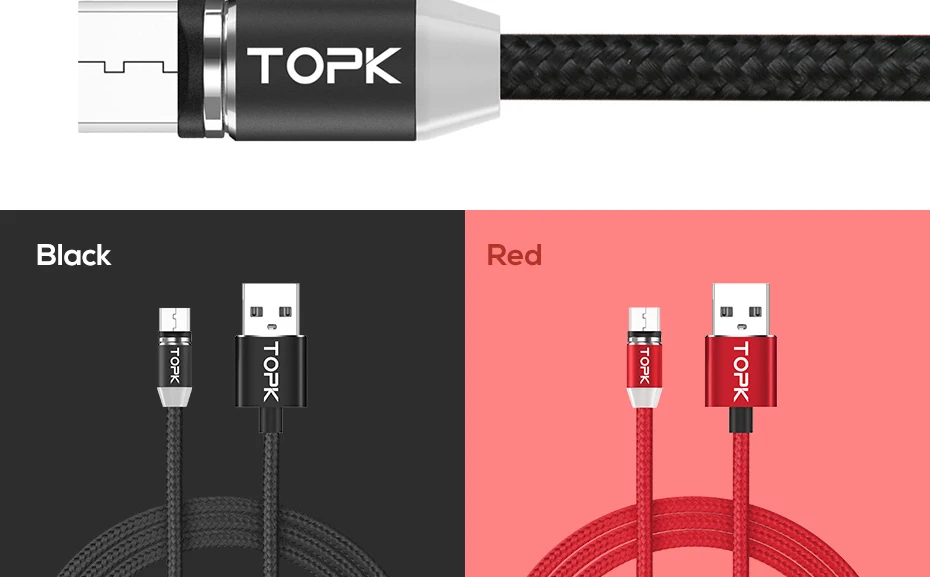 TOPK AM23 1M LED Magnetic Cable& Micro USB Cable& USB Type C Cable Nylon Braided Type-C Magnet Charger Cable for iPhone Xs Max