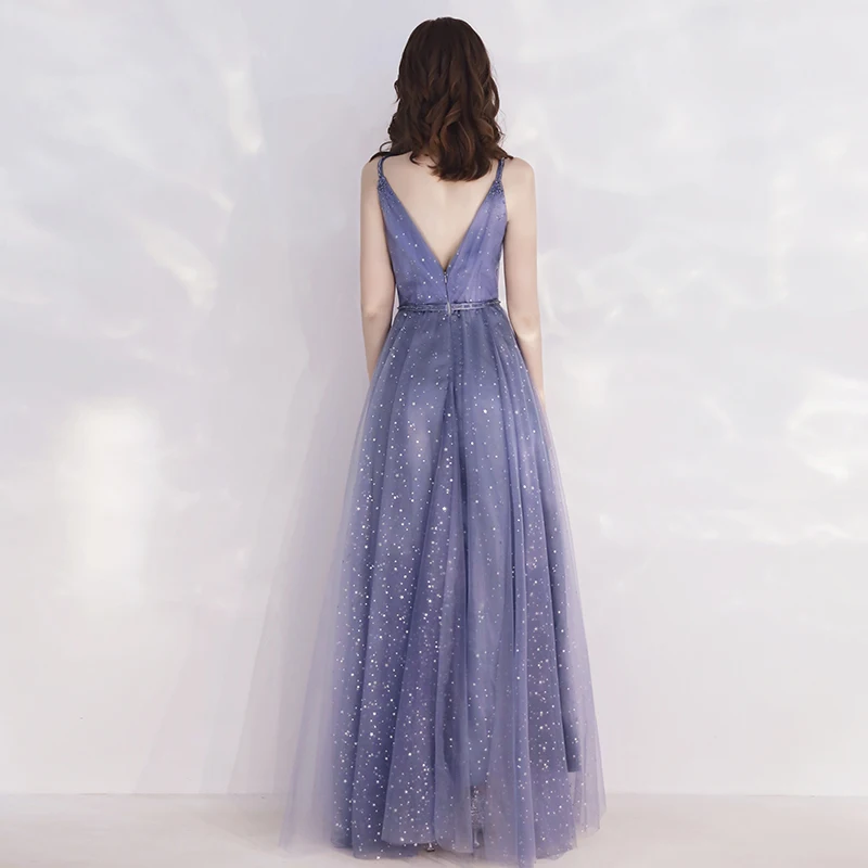 Sexy Spaghetti Straps Open V-Back Blue Evening Dresses Long 2019 New Elegant A-line Floor-Length Sequined Evening Gowns