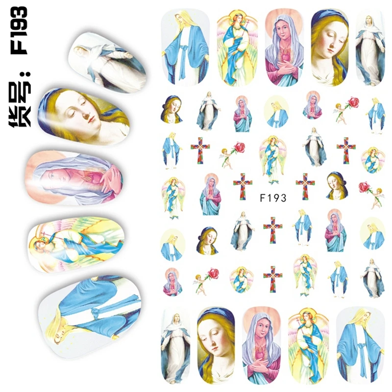 5 листов в партии, самоклеющиеся наклейки для ногтей с изображением Иисуса, наклейки для украшения ногтей, христианский маникюр, поддельные ногти, инструменты F18594