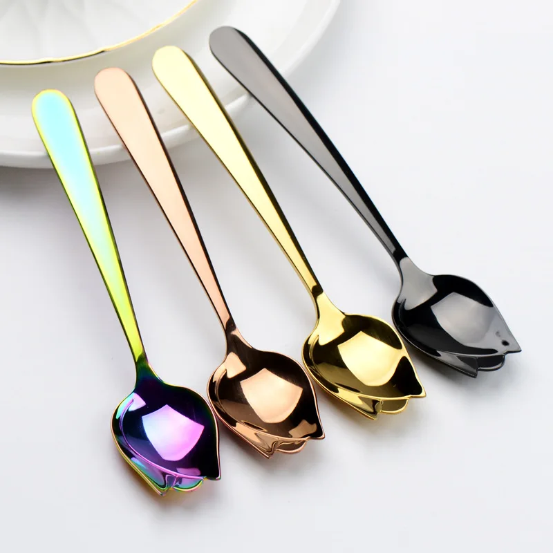 Big Tulip Flower Rose 304 Stainless Steel Coffee Stirring Scoop Dessert Milk Tea Drink Cafe Scoop Teaspoon Tea Dinner Spoon