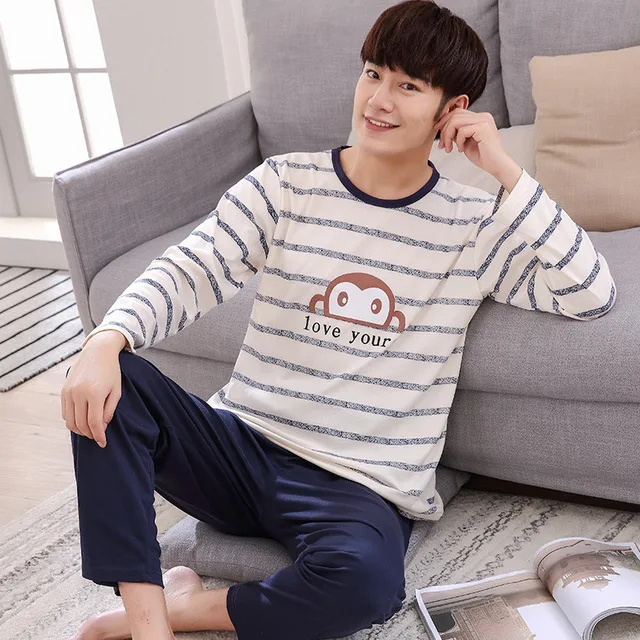 Autumn Wintetr  Long-sleeved Men's Cotton Pajamas Letter Striped Cartoon Pajama Sets Casual Men Pyjamas Plus Size L-4XL Pijama satin pajamas Men's Sleep & Lounge