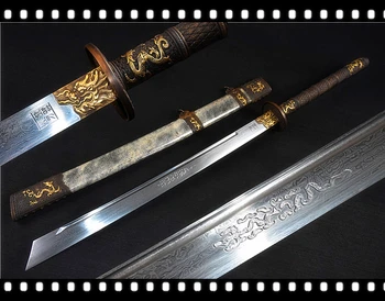 

Rare Broadsword DaDao Sword Sharp Damascus Steel Blade Sharkskin Sheath Copper Fitting Full Tang