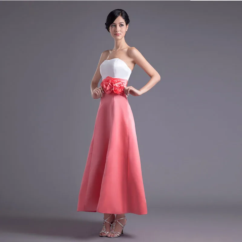 A Line Ankle Length Satin Soft Strapless Bridesmaid Dress
