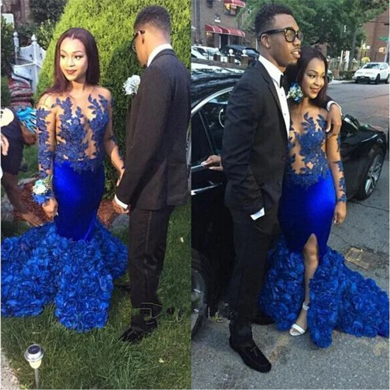 

Royal Blue Floral Rose Mermaid Prom Dresses Long Sleeves Sexy Slit See Through Evening Party Dresses Court Train