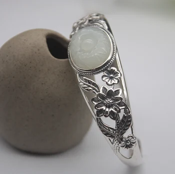 

Elegant Real S925 Silver Bangle Hetian Jade Flower Round Women's Girl 55-58mmDia Open Bangle