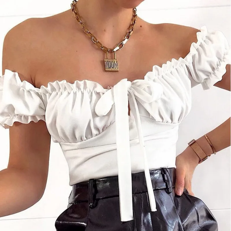 2019 جديد كشكش Bowknot ارتداءها بلوزات غير مغطية للكتف عارية الذراعين قصيرة بذلة رومبير تمتد يوتار أعلى بلون 2019 جديد كشكش Bowknot ارتداءها بلوزات غير مغطية للكتف عارية الذراعين قصيرة بذلة رومبير تمتد يوتار أعلى بلون