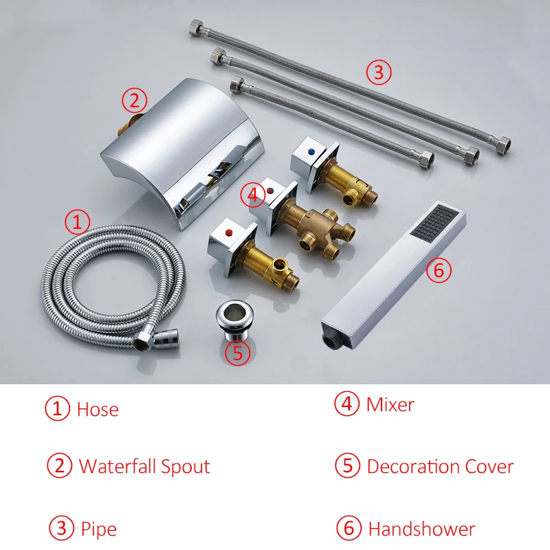 quyanre 5pc led waterfall bathtub faucet chrome brass mixer tap 3 handles handshower waterfall spout bathroom shower faucet2