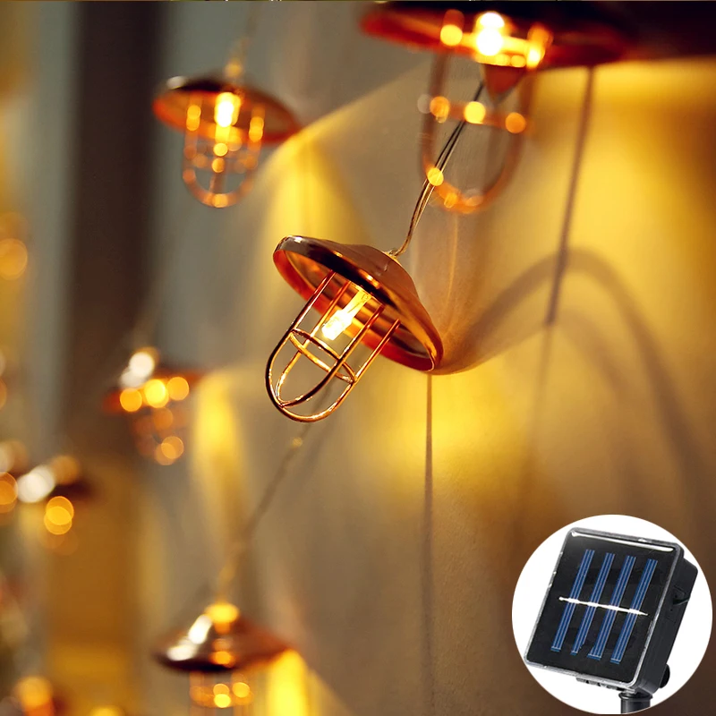 

5M 20 LED Rose Gold Metal Lampshade Christmas Outdoor Solar Lights Fairy Light String Garland Lamp Wedding Decoration Luminaria