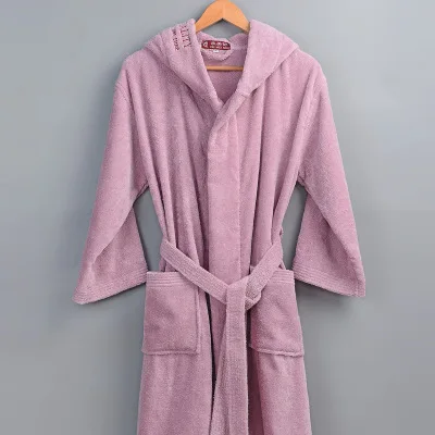 Осенне-зимние плотные однотонные халаты из чистого хлопка с вышивкой, халат унисекс с длинными рукавами, впитывающий махровый халат, пижама с капюшоном - Цвет: pink color