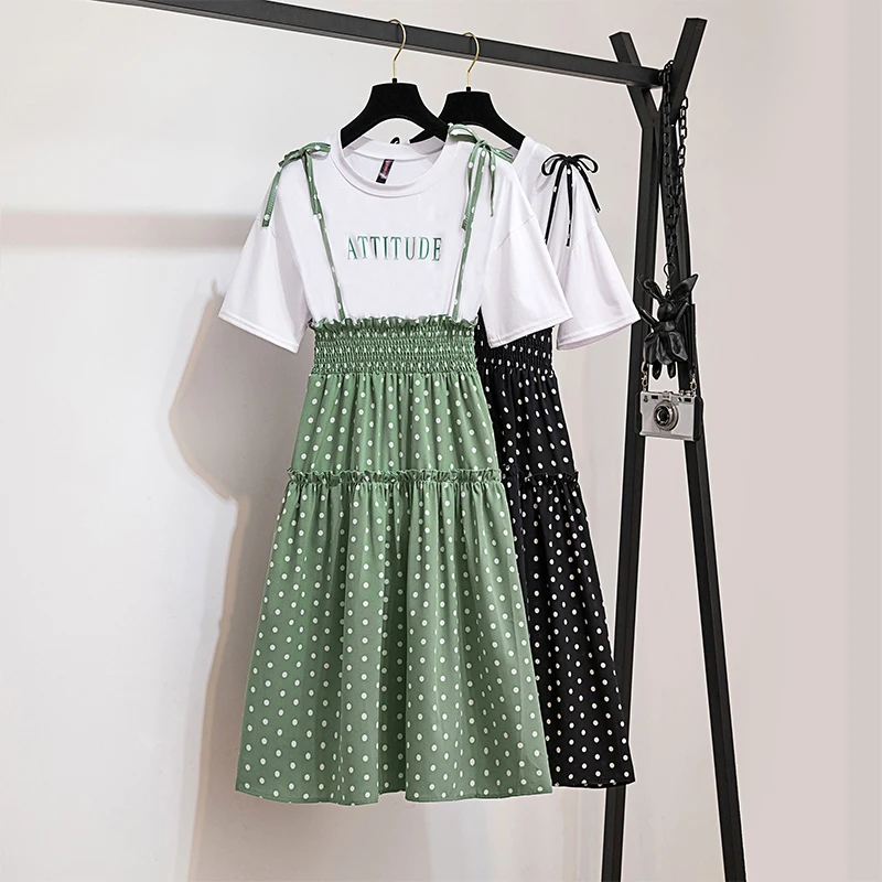 

Long Dresses Summer 2019 Short Sleeve Dot Letter Printing Fake Two Pieces Splice Dress Female Holiday Beach Clothing Vestido
