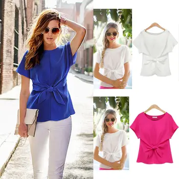 

hirigin Plus Size Women Short Sleeve Solid Shirts Bow Tie Office Workwear Casual Chiffon Blouse Summer Women Blouses and Tops