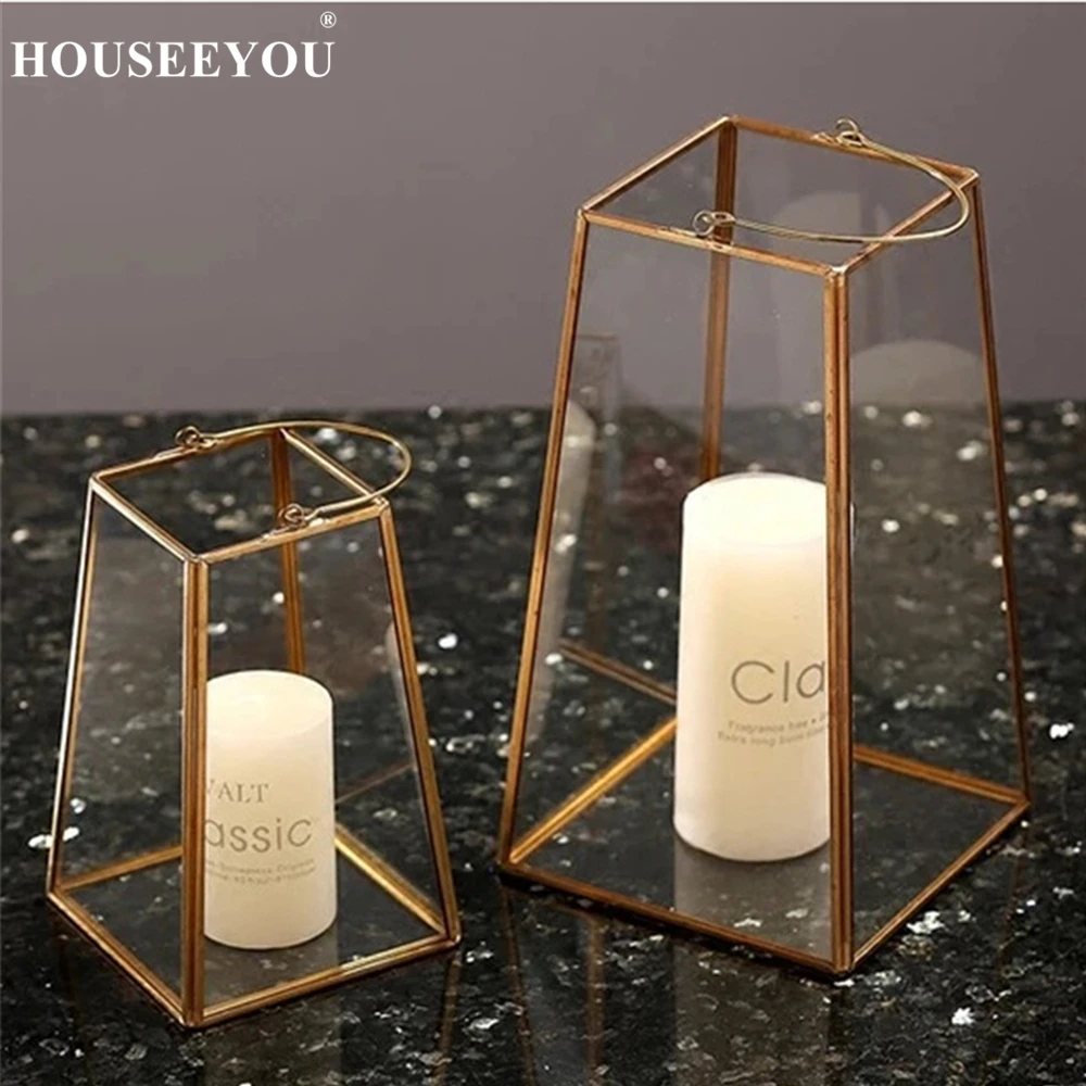 

Nordic Copper Simple Geometric Candle Holder with Glass Shade Decorations Candlestick Fragrance Candle Rack Wedding Party Decor