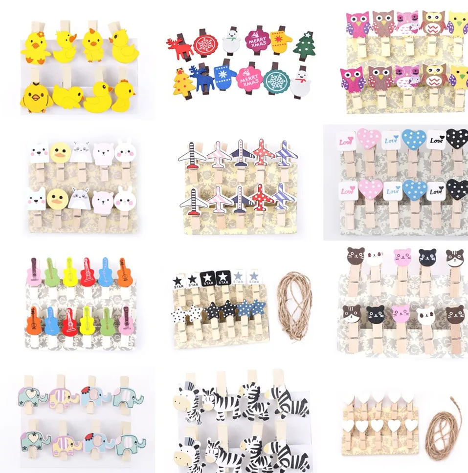 Cute Cactus Cat Heart Christmas Tree Wooden Pegs Photo Clips Pins Note Holder Clothespin Craft Clips Wedding Favor Decor