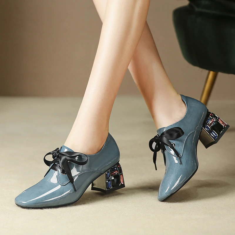 

Genuine Leather Women High Heels Party Wedding Shoes Woman Square Toe Lace Up Cow Leather Spring Summer Basic Pumps