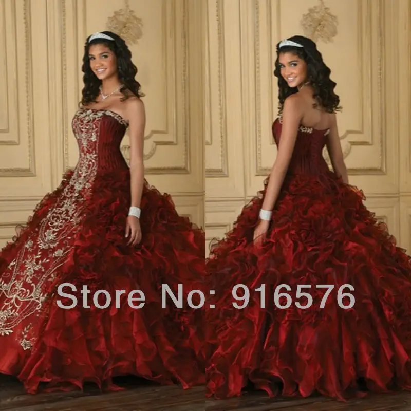Бальное платье Quinceanera Платья Вино Красное Платье Вышивка Без Бретелек Органзы