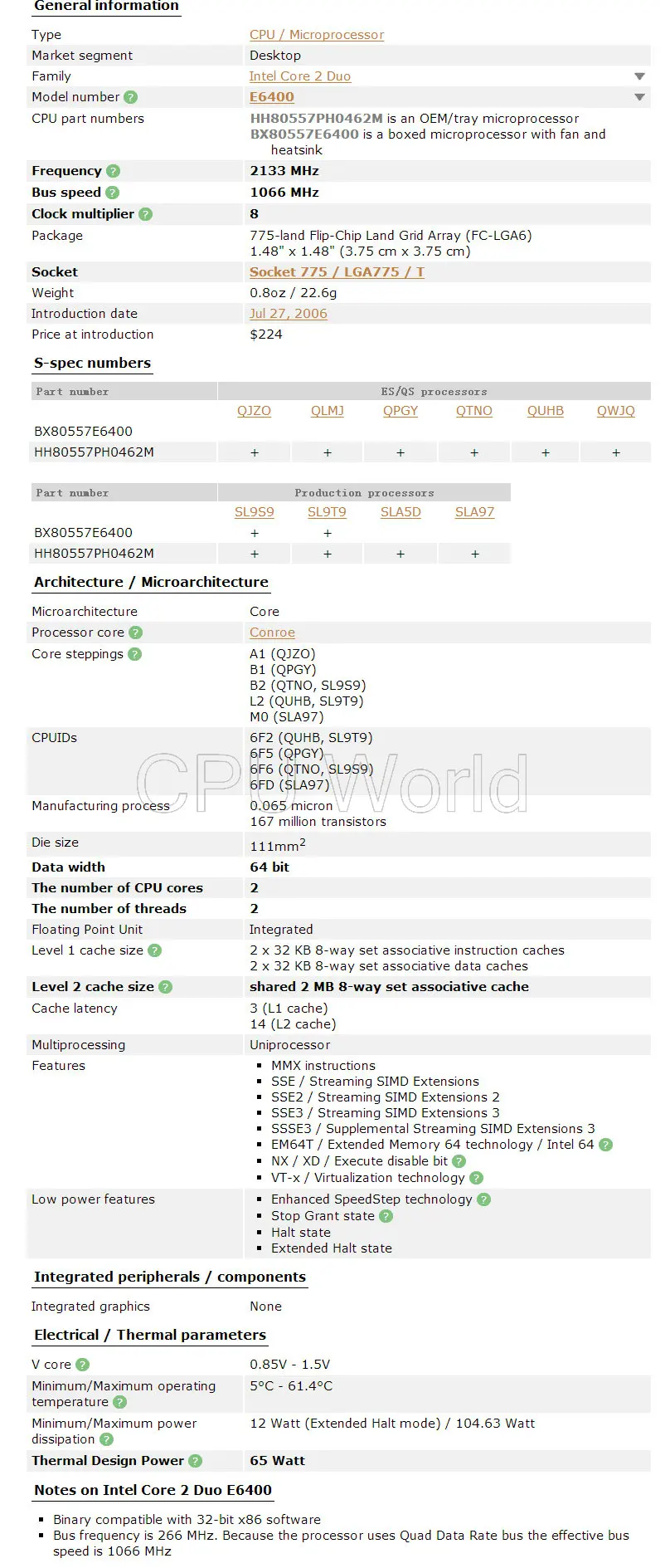 Процессор INTEL Core 2 Duo E6400 cpu(2,13 Ghz/2 M/1066 MHz) 65W Socket 775