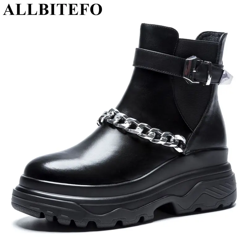 

ALLBITEFO brand natural genuine leather platform women boots chain design Autumn winter High quality fashion ladies boots shoes
