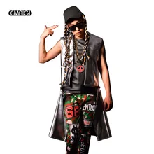 Мужской жилет из искусственной кожи куртка без рукавов сценический для певца DJ костюм подол можно снять Мужская мода хип-хоп жилет пальто