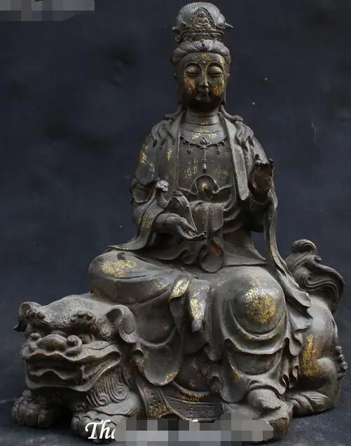 

11" Old Chinese Bronze Wenshu Manjushri Goddess Bodhisattva Riding Lion Statue