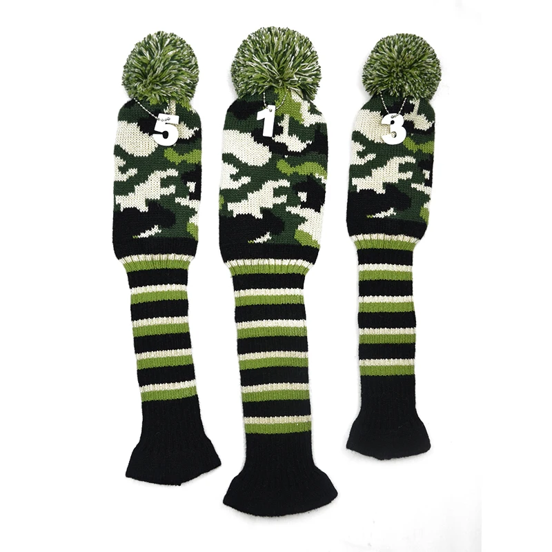 3pcs/set Army Green Stripe Kniting Golf Driver Wood Head Covers Knit Wool 1 3 5 Fairway Protect Headcover with Number Tag