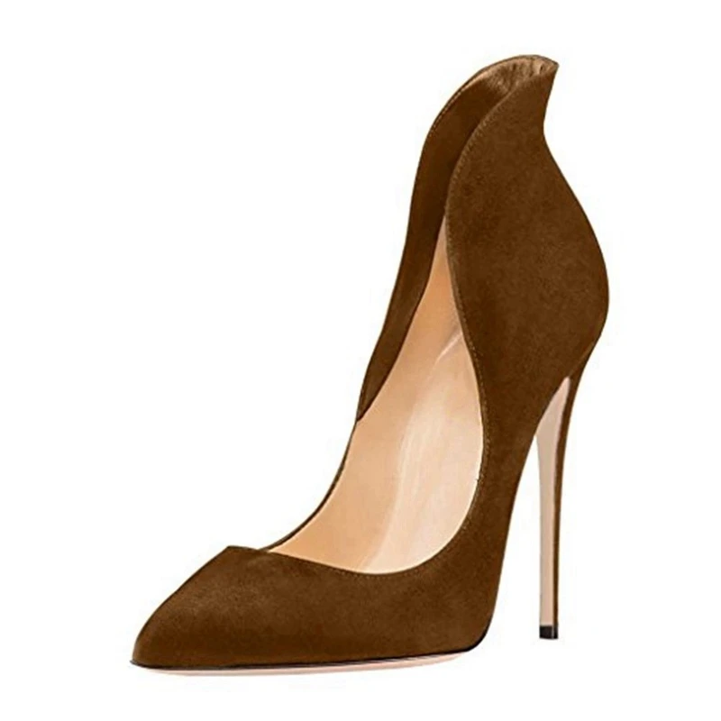 REAVE CAT/женские туфли-лодочки на высоком тонком каблуке, с острым носком, из флока, атласная обувь для вечерние, без шнуровки, золотого, серебряного, синего, винного цвета, большие размеры 35-47, A1806 - Цвет: Brown