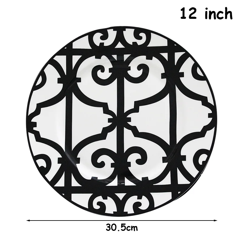 Керамическая тарелка, круглый поднос, черный контейнер для еды, западный ресторан, геометрическая фигура, тарелка для стейка, поднос для салата, домашние столовые приборы, 1 шт - Цвет: 12inch