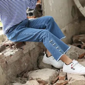 

2019 Fashion Kids Girl Pearls Denim Trouser Teen Girl Elastic Flared Jeans Pant Children Clothes Casual Bell-Bottom Legging Q859