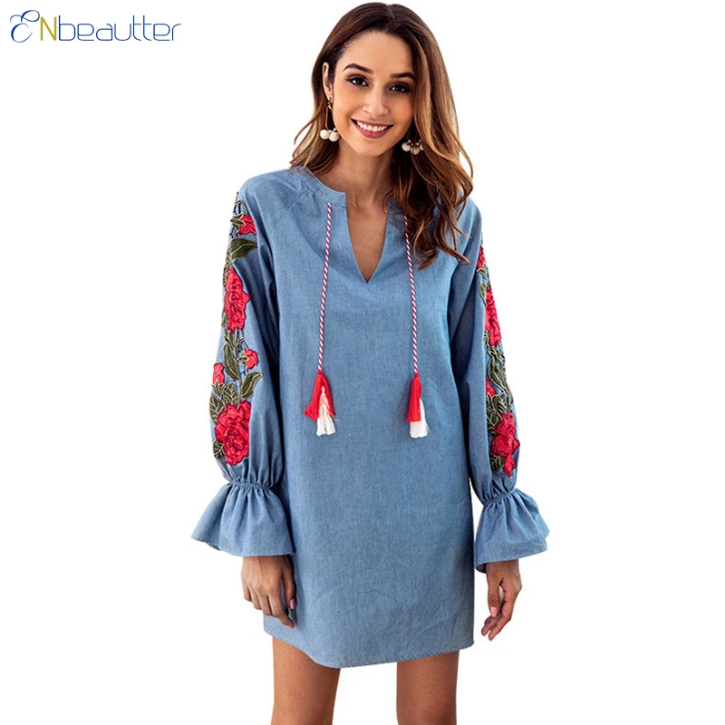 ENbeautter Embroidery Jeans Dress Women 2018 Fashi...