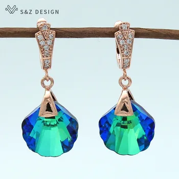 

S&Z New Summer Peacock Blue /White Shell Crystal Dangle Earrings 585 Rose Gold For Women Fashion Fine Cute Jewelry