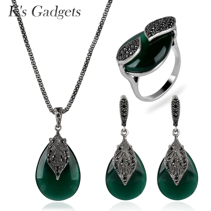 

K's Gadgets Waterdrop Natural Stone Green Opal Jewellery Set Black Crystal Rhinestone Vintage Silver Color Jewelry Sets Women