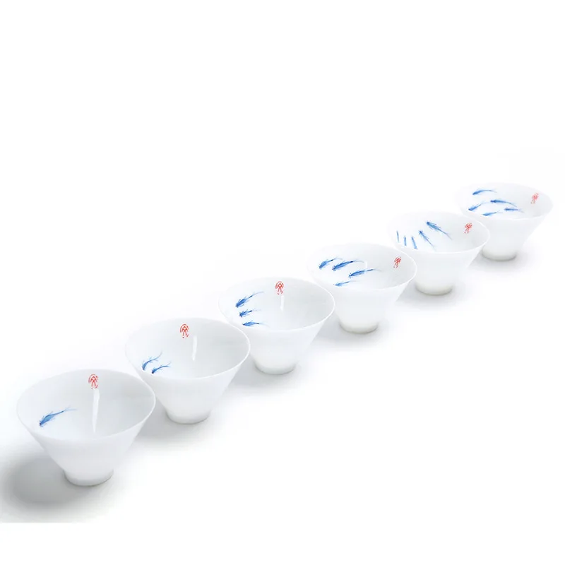 

6pcs/lot Ceramic Tea Set Kung Fu Tea Set Teacup White Porcelain Hat Fish Hand Painted Tea Cup