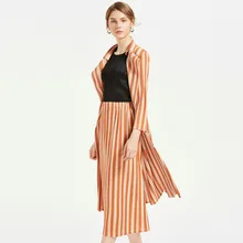 Миди юбка плюс размер женская Осень Полосатый Большой стрейч Miyake складки Mid-удлиненная юбка женская