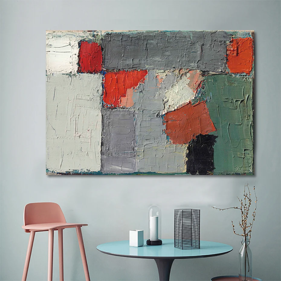 

Abstract Red Grey Blue Vintage Oil Prints on Canvas Paintings Poster DIY Wooden Stretch Frame Wall Art Pictures Home Decor
