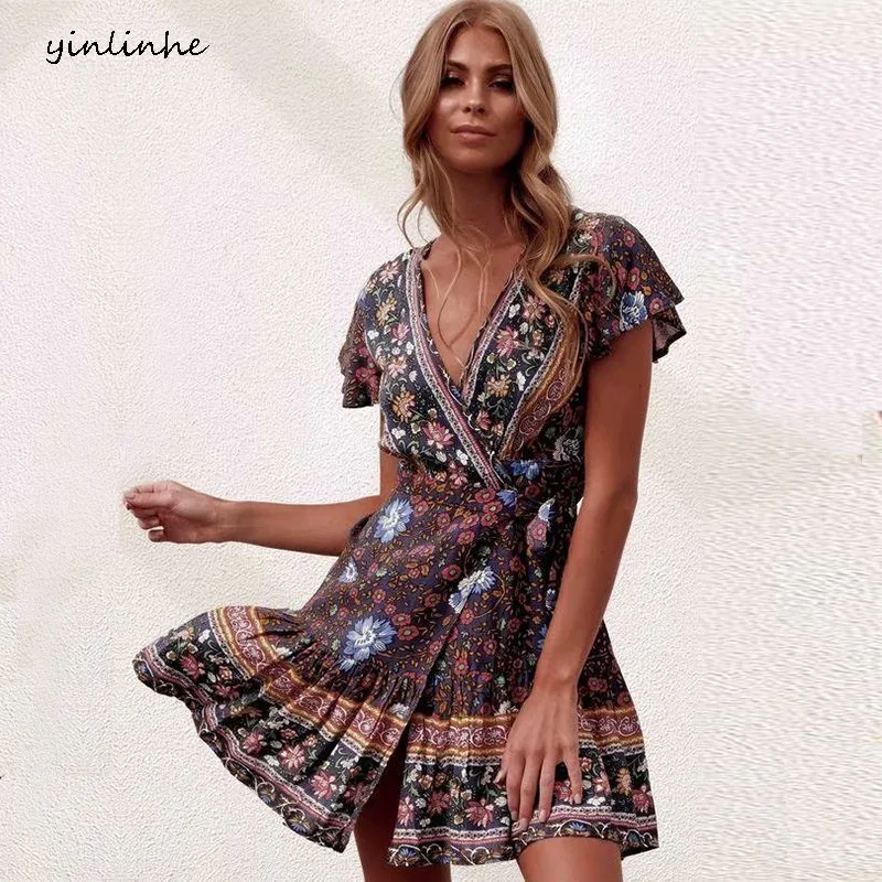 

yinlinhe Navy Floral Warp Dress Women Cotton Summer Dress Beach Short Sleeve V neck One Piece Sash Tied Bohemian Dresses 766