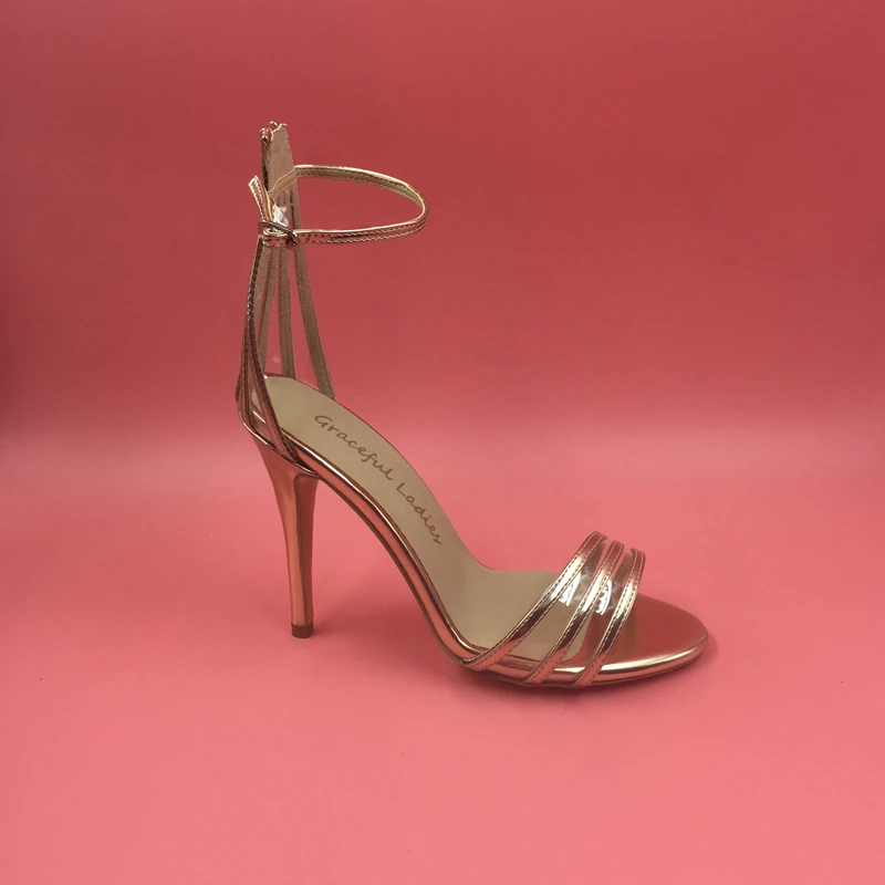 Sexy Mature Gold Women Sandals High Heels Ankle Strap Covered Heel