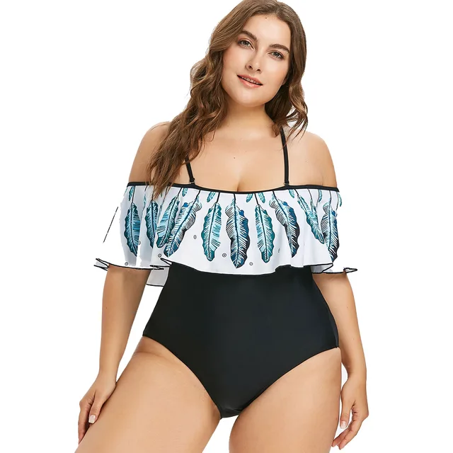 Plus Size Swimwear Bikini Women Feather Printed Strapless Swimsuit Open