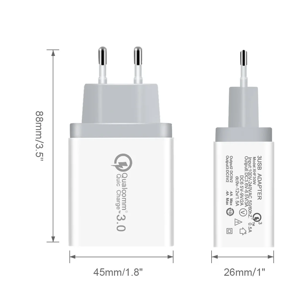 XHF-30W 3 منافذ سريعة شاحن QC 3.0 USB الهاتف شاحن سريع شاحن الاتحاد الأوروبي/الولايات المتحدة التوصيل الهاتف المحمول شاحن ل الهاتف لسامسونج S8 S9