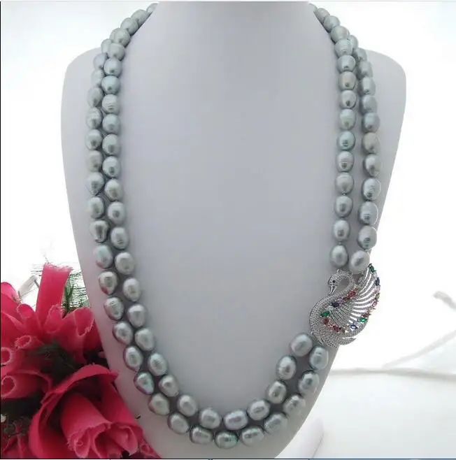 

Beautiful 2row 26" Grey Rice Pearl Necklace CZ Pendant