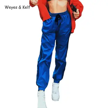

Weyes & Kelf Spring Elastic Waist Solid Loose Harem Pants Women 2018 Contrast Color Panelled Casual Striped Trousers Women Blue