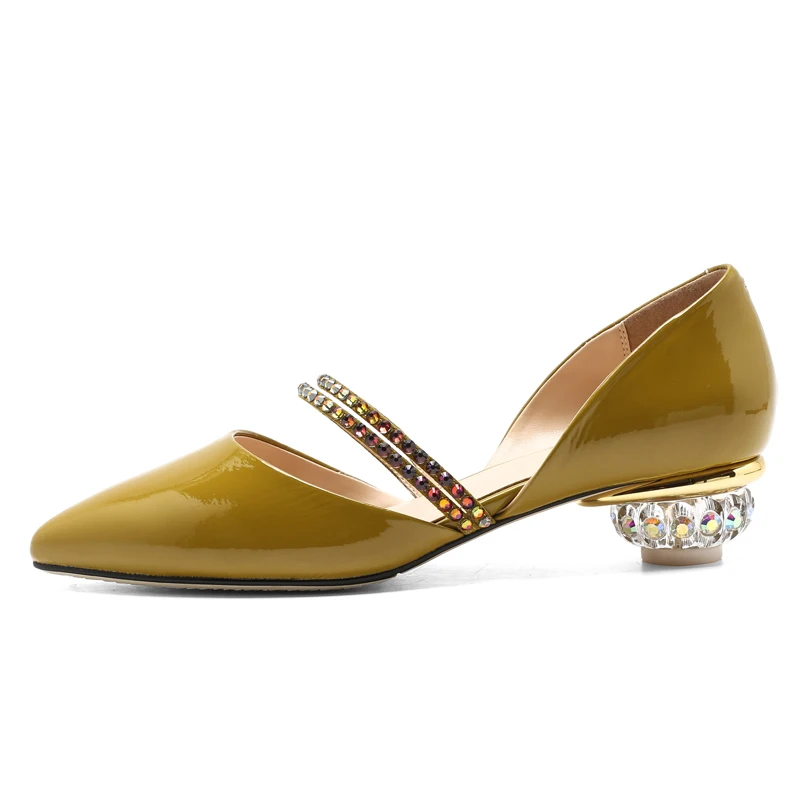 

Yellow Genuine Leather Women Sandals 3.6 CM Chunky Heels Rhinestone Summer Style Pumps Sexy Woman Shoes Box Packing T3-29