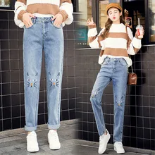 Женские джинсы с вышивкой и рисунком кота; эластичные джинсовые брюки-шаровары с средней талией; узкие брюки; женские брюки; джинсы-бойфренды