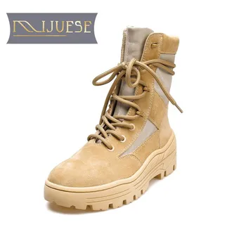 

MLJUESE 2019 women ankle boots cow suede lace up mixed colors autumn spring platform boots low heel women boots